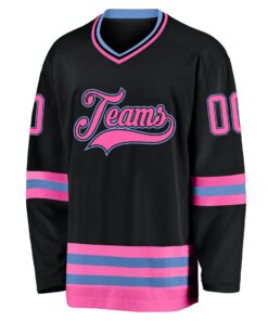 Custom Black Pink-Light Blue Hockey Jersey Suit for daily life, Fabric: 95% polyester and 5% spandex, Regular fit, Stitch Color: automatically matched based on patterns