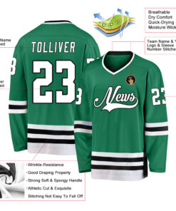 Custom Kelly Green White-Black Hockey Jersey Suit for daily life, Fabric: 95% polyester and 5% spandex, Regular fit, Stitch Color: automatically matched based on patterns