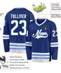 Custom Royal White-Light Blue Hockey Jersey Suit for daily life, Fabric: 95% polyester and 5% spandex, Regular fit, Stitch Color: automatically matched based on patterns